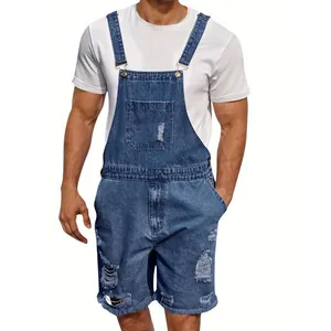 Men's casual ripped denim overall shorts with distressed details on white background