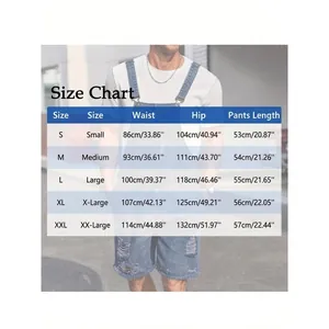 Detailed size chart for men's torn casual denim overalls shorts in various sizes