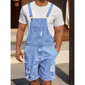 Casual light blue torn denim overalls shorts for men with distressed ripped details
