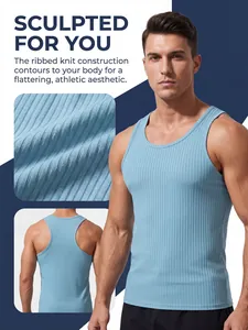 Men's blue ribbed knit racerback tank top with a slim athletic fit and textured detail