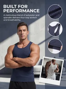 Detail of navy ribbed gym tank top with polyester-spandex blend for breathability.