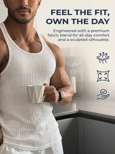 Close-up of men's white ribbed slim fit muscle tank top in a lifestyle setting