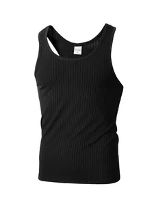 Detailed view of black ribbed slim-fit tank top showing high-quality fabric texture.
