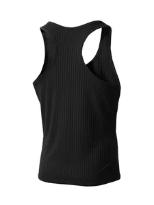 Back view of black ribbed racerback tank top for men's fitness and outdoor wear