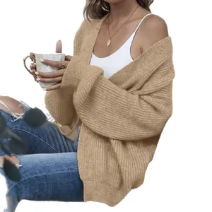 Cozy loose fit women's chunky knit lantern sleeve open front cardigan in camel brown