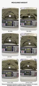 Poids mesuré du polo Henley vert olive pour hommes en différentes tailles de vêtement