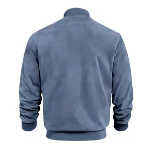 Detailed back view of a premium blue suede bomber jacket for men with ribbed trim