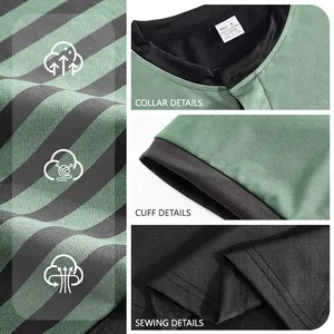 Detailaufnahmen von gestreiftem Kurzarmshirt mit Kragen-, Manschetten- und Nahtqualität.