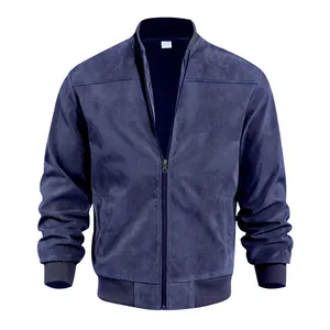 Vue de face d'un blouson aviateur en similicuir bleu marine avec col montant et fermeture éclair
