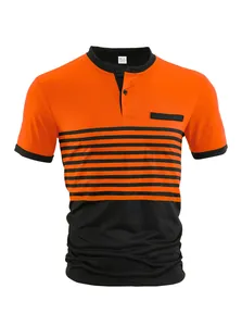 Detailansicht eines Herren-Poloshirts mit orange-schwarzen Streifen und Knöpfen