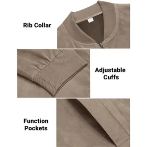 Detail view of men's faux suede jacket showing rib collar, cuffs, and functional pockets