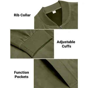 Detailed view of men's faux suede jacket showing rib collar cuffs and pockets