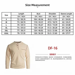 Tableau des tailles complet pour chemise Henley homme à manches longues en cm et pouces.