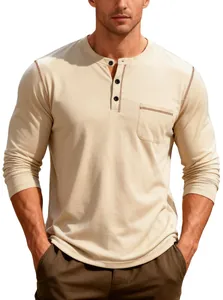 Chemise Henley beige à manches longues pour hommes avec poche et boutons contrastés