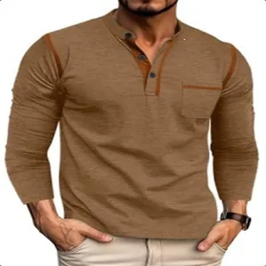 Chemise Henley homme marron à manches longues avec détails contrastés et poche