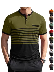 Polo da Uomo Business Casual a Righe Color Block Manica Corta Collo Henley Poliestere Elastan Lavorato a Maglia Top Estivo Con Tasca