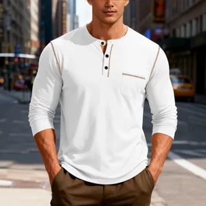 T-shirt Henley blanc à manches longues pour hommes avec coutures contrastées et poche