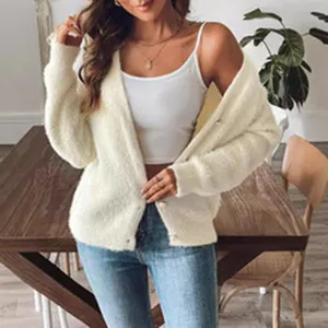 Stylish white fuzzy mohair cardigan for women in a cozy indoor lifestyle setting