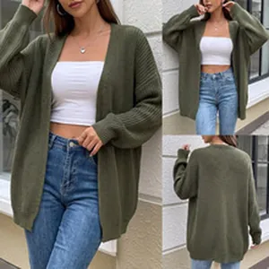 Detailed multi-angle view of a stylish long olive green mohair cardigan for women