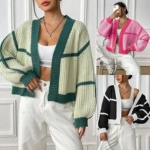 Stylish knitted mohair wool cardigan for women featuring striped balloon sleeves jacket.