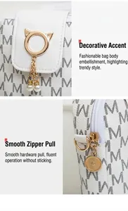 Close-up details of gold-tone zipper and cat-ear pearl buckle on white monogram bag