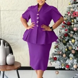 Ensemble haut à basque et jupe crayon violet élégant pour femme pour mode bureau