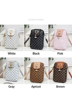 Collection of printed phone crossbody bags in six colors with pearl charm