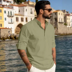 Lightweight men's sage green linen Henley shirt with roll-up sleeves for outdoor casual wear