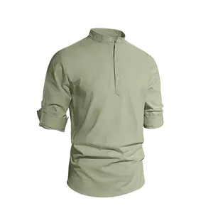 Men's breathable sage green linen Henley shirt with long sleeves for outdoor casual wear