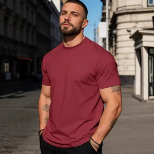Classic men's burgundy crewneck t-shirt in soft premium cotton for a casual summer look