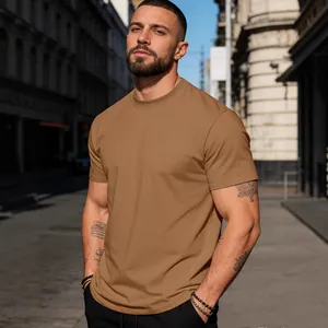 Summer brown crew neck cotton t-shirt for men, minimalist casual short sleeve top