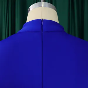 Vue détaillée du dos d'une robe de soirée bleue avec fermeture éclair invisible.