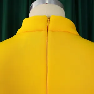 Gros plan sur le col montant élégant et la fermeture éclair arrière d'une robe de soirée jaune