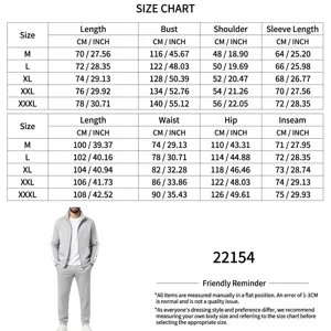 Detailed size chart for men's casual grey tracksuit set with jacket and pants measurements