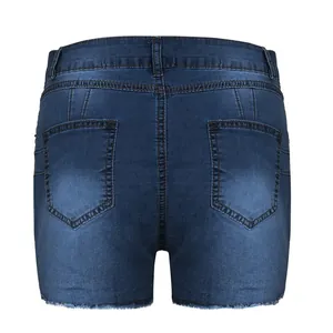 Close-up back view of slim fit blue denim shorts featuring functional pockets and tassel hem