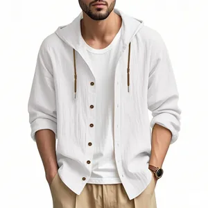 Detail of men's white hooded cotton linen long sleeve casual shirt with brown drawstrings