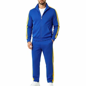 Men's blue athletic tracksuit set featuring yellow side stripes and stand-up collar
