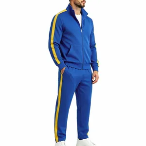 Detail view of men's blue sports tracksuit set featuring vibrant yellow side stripes