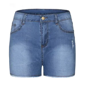 Front view of women's blue denim shorts featuring distressed details and frayed hem.