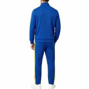 Back view of men's blue two-piece tracksuit with yellow side stripes and stand collar