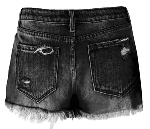 Back view detail of black distressed high waist denim shorts with frayed tassel hem