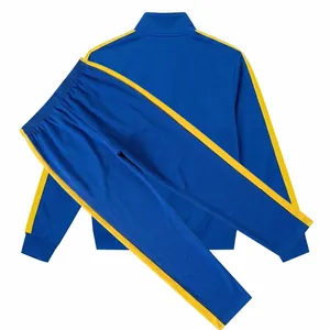 Back view of blue and yellow men's two-piece athletic tracksuit set with stripes