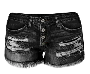 Close-up of black high-waisted distressed denim shorts with button fly and fringe hem