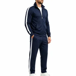 Men's navy blue two-piece sports tracksuit with white side stripes and stand collar