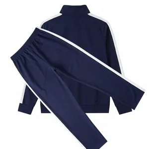 Back view of navy blue men's tracksuit set with white side stripes and stand collar.