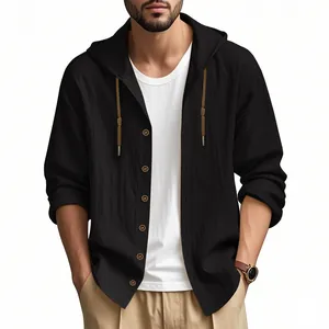 Front view of men's black cotton linen hooded shirt with button closure