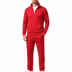 Full body front view of men's red two-piece athletic tracksuit with white side stripes