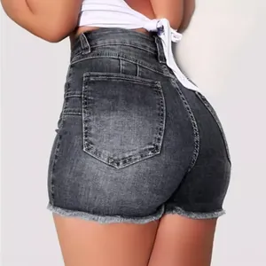 Stylish women's high-waisted grey denim shorts with slim fit and fringe hem details