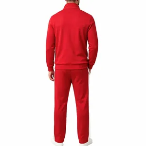 Detailed back view of men's red two-piece tracksuit with white side stripes and stand collar
