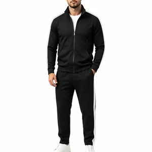 Classic men's black tracksuit set with contrast white side stripes and stand collar jacket